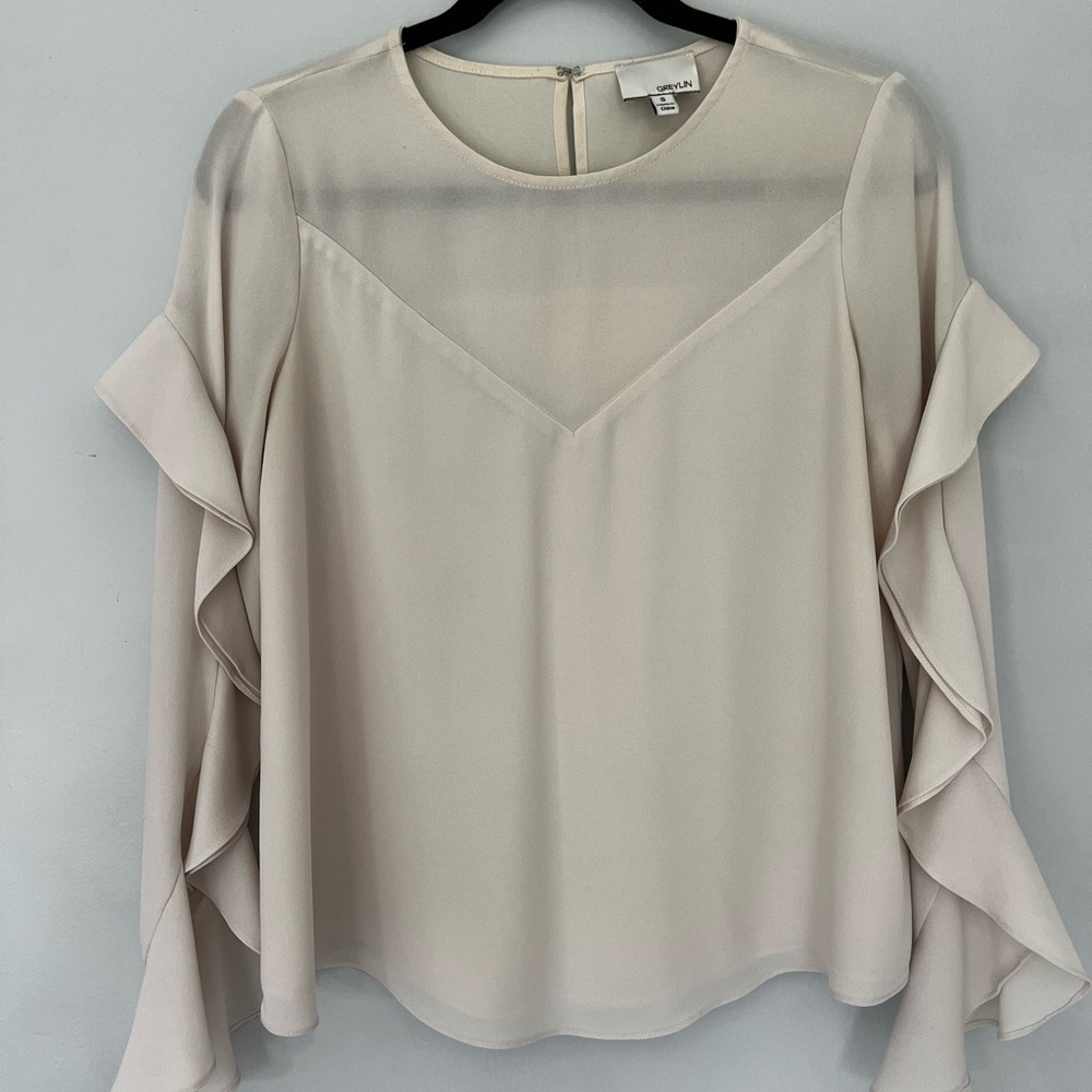 Anthropologie Greylin Thalia Long Sleeve Ruffle Top Blouse Ivory Cream Small